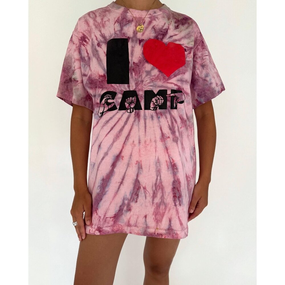 90s vintage purple tie dye I LOVE CAMP fun summer graphic cotton tshirt